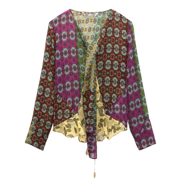 NWT Zara Semi Sheer Chiffon Paisley Printed Tie Neck Beaded Tassel Blouse - XL - Picture 7 of 16